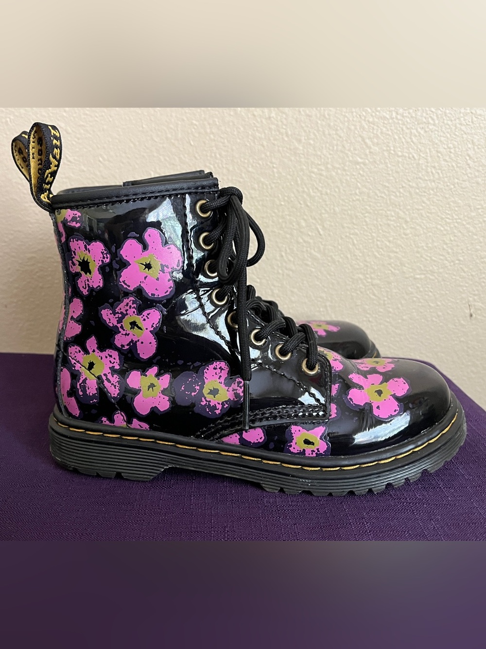 Dr. Martens Black Patent Floral Lace-Up Kids Boots